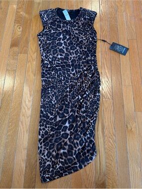 NEW NWT White House Black Market Brown Leopard Midi Dress Asymmetrical Hem Sz S